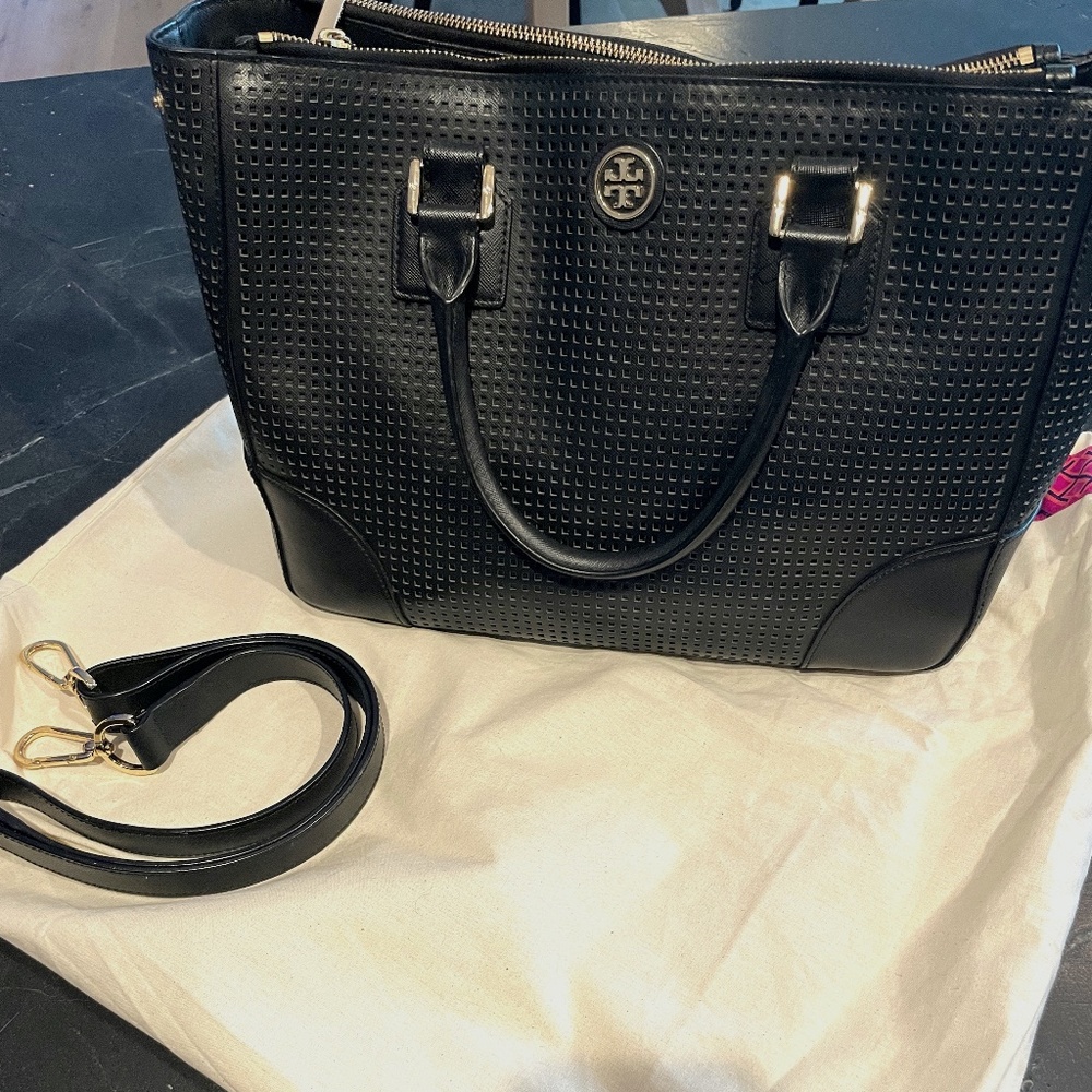 Tory Burch large perforated Robinson Satchel, black